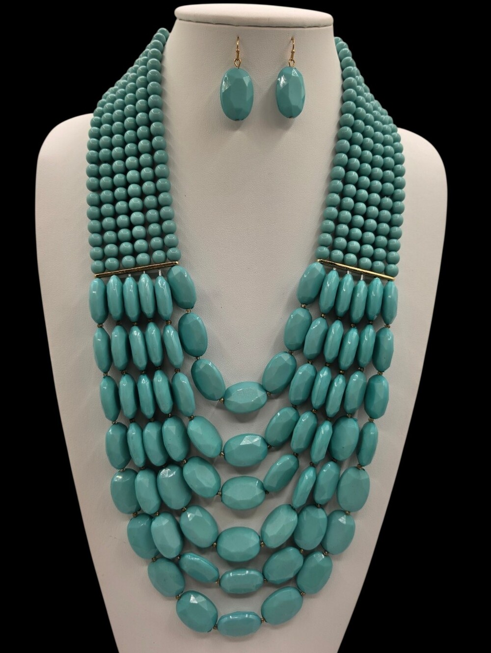 Chunky Turquoise Multi-Strand Statement Necklace & Earring Set
